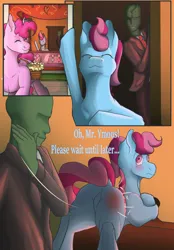 Size: 1102x1585 | Tagged: suggestive, artist:dvfrost, derpibooru import, cup cake, pinkie pie, oc, oc:anon, earth pony, human, pony, affair, bakery, blushing, butt, clothes, commission, dialogue, dock, doorway, eyes closed, female, flank, food, human and pony, image, implied infidelity, indoors, looking at each other, looking at someone, male, mare, meme, milf, necktie, onomatopoeia, pants, plot, png, reddened butt, shirt with a collar, slap, smiling, smug, smug smile, sound effects, spank mark, spanked, spanking, straight, sugarcube corner, suit, tail, talking, the ass was fat, trio, turned on, waving