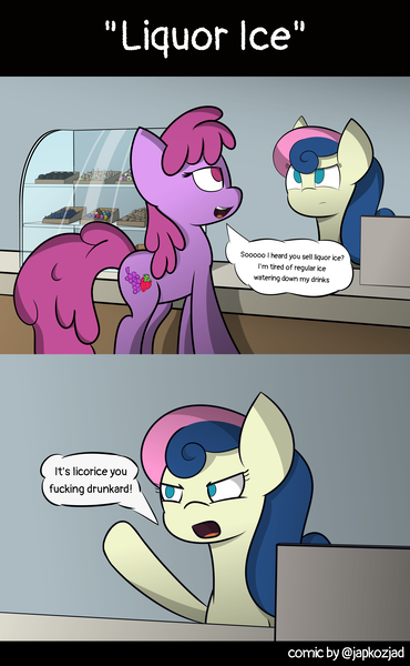 Size: 4120x6682 | Tagged: safe, artist:japkozjad, derpibooru import, berry punch, berryshine, bon bon, sweetie drops, earth pony, pony, angry, candy, candy shop, cash register, commission, confused, dialogue, donut, food, image, licorice, lollipop, png, vulgar