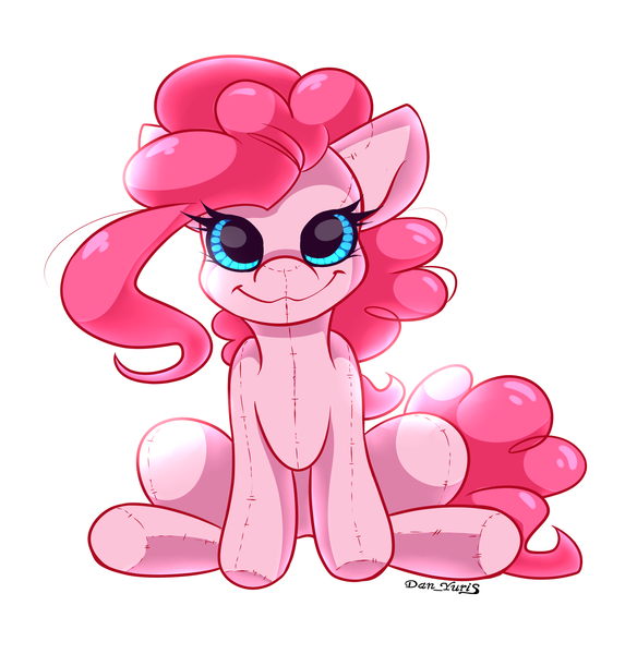 Size: 1947x2038 | Tagged: safe, artist:yuris, derpibooru import, pinkie pie, earth pony, original species, plush pony, pony, female, image, looking at you, plushie, png, simple background, sitting, smiling, smiling at you, solo, toy, white background