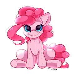 Size: 1947x2038 | Tagged: safe, artist:yuris, derpibooru import, pinkie pie, earth pony, original species, plush pony, pony, female, image, looking at you, plushie, png, simple background, sitting, smiling, smiling at you, solo, toy, white background