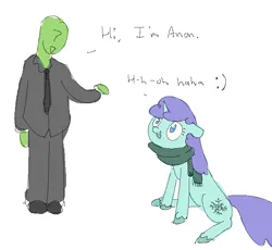 Size: 649x597 | Tagged: safe, anonymous artist, artist:anonymous, derpibooru import, oc, oc:anon, oc:ice breaker, unofficial characters only, pony, unicorn, 4chan, awkward, awkward moment, awkward smile, blue skin, clothes, duo, duo male and female, emoticon, female, green skin, horn, image, looking at each other, looking at someone, male, necktie, png, purple mane, purple tail, scarf, simple background, sitting, smiley face, smiling, speech bubble, suit, tail, tuxedo, unshorn fetlocks, white background