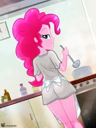 Size: 2659x3522 | Tagged: suggestive, artist:charliexe, derpibooru import, pinkie pie, human, equestria girls, 2d, apron, clothes, cooking, curly hair, female, g4, image, indoors, jpeg, legs, looking at you, looking back, looking back at you, oven, shirt, short sleeves, solo, stove, stupid sexy pinkie