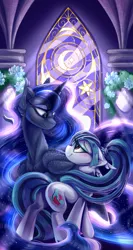 Size: 1599x3000 | Tagged: safe, artist:starcasteclipse, derpibooru import, princess luna, sonata dusk, alicorn, earth pony, pony, duo, floppy ears, folded wings, height difference, image, long mane, long tail, looking at each other, looking at someone, png, sternocleidomastoid, tail, wings
