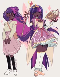 Size: 2400x3072 | Tagged: safe, artist:erinartista, derpibooru import, twilight sparkle, human, bag, book, clothes, crown, dark skin, dress, ear piercing, earring, female, flats, g4, glasses, humanized, image, jewelry, jpeg, magic, magical girl, magical girl transformation, piercing, regalia, shirt, shoes, simple background, skirt, sneakers, socks, solo, staff, stockings, sweater, thigh highs, white background