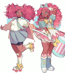 Size: 2611x2922 | Tagged: safe, artist:erinartista, derpibooru import, pinkie pie, human, :o, afro puffs, alternate hairstyle, bag, boots, bow, bowtie, clothes, coat, cute, dark skin, diapinkes, dress, female, gloves, hair bow, hammer, high res, humanized, image, jpeg, magical girl, magical girl transformation, mallet, open mouth, roller skates, shirt, shoes, simple background, skates, skirt, socks, solo, stockings, thigh highs, white background