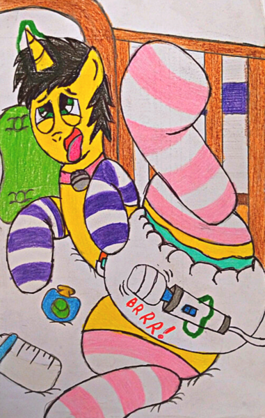 Size: 2002x3156 | Tagged: suggestive, artist:bitter sweetness, derpibooru import, oc, oc:bitter sweetness, unofficial characters only, unicorn, abdl, adult foal, baby bottle, bondage, clothes, crib, diaper, diaper fetish, fetish, glow, glowing horn, green eyes, horn, image, levitation, magic, non-baby in diaper, onomatopoeia, open mouth, open smile, pacifier, pillow, png, poofy diaper, sex toy, smiling, socks, solo, sound effects, striped socks, telekinesis, tongue out, traditional art, unicorn oc, vibrator