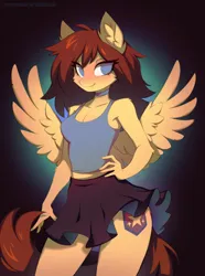 Size: 2970x4000 | Tagged: safe, artist:kirionek, derpibooru import, oc, oc:lucy sparkle, unofficial characters only, anthro, pegasus, clothes, commission, ear fluff, eye clipping through hair, gradient background, hand on hip, image, midriff, no pupils, png, skirt, smiling, solo, spread wings, tanktop, wings