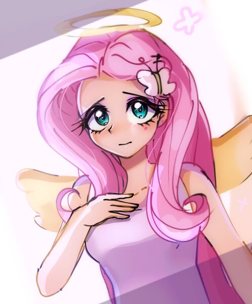 Size: 1080x1300 | Tagged: safe, artist:pulse, derpibooru import, fluttershy, human, equestria girls, butterfly hairpin, clothes, cute, female, g4, halo, hand on chest, humanized, image, jpeg, looking at you, shyabetes, simple background, solo, tanktop, white background, winged humanization, wings