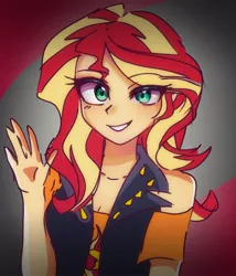 Size: 1440x1684 | Tagged: safe, artist:pulse, derpibooru import, sunset shimmer, human, equestria girls, bare shoulders, breasts, cleavage, cute, eye clipping through hair, female, g4, grin, image, jpeg, looking at you, shimmerbetes, smiling, solo, waving