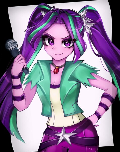 Size: 1708x2157 | Tagged: safe, artist:pulse, derpibooru import, aria blaze, human, equestria girls, breasts, cleavage, female, g4, gem, hand on hip, image, jpeg, microphone, pigtails, siren gem, solo, twintails