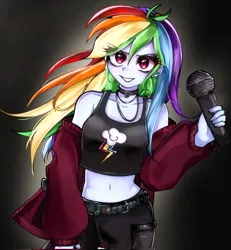Size: 1889x2048 | Tagged: safe, artist:pulse, derpibooru import, rainbow dash, human, equestria girls, bare shoulders, belly button, belt, black background, black eyeshadow, choker, clothes, cutie mark, cutie mark on clothes, ear piercing, eye clipping through hair, eyebrows, eyebrows visible through hair, eyeshadow, female, g4, grin, image, jpeg, looking at you, makeup, microphone, midriff, off shoulder, piercing, punk, rainbow punk, simple background, smiling, solo