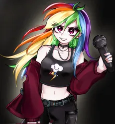 Size: 1889x2048 | Tagged: safe, alternate version, artist:pulse, derpibooru import, rainbow dash, human, equestria girls, bare shoulders, belly button, belt, black background, black eyeshadow, choker, clothes, cutie mark, cutie mark on clothes, ear piercing, eye clipping through hair, eyebrows, eyebrows visible through hair, eyeshadow, female, g4, grin, human coloration, humanized, image, jpeg, looking at you, makeup, microphone, midriff, off shoulder, piercing, punk, rainbow punk, simple background, smiling, solo