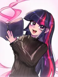 Size: 1536x2048 | Tagged: safe, artist:pulse, derpibooru import, twilight sparkle, human, book, clothes, cute, eye clipping through hair, g4, humanized, image, jpeg, open mouth, simple background, smiling, sweater, turtleneck, turtleneck sweater, twiabetes, white background