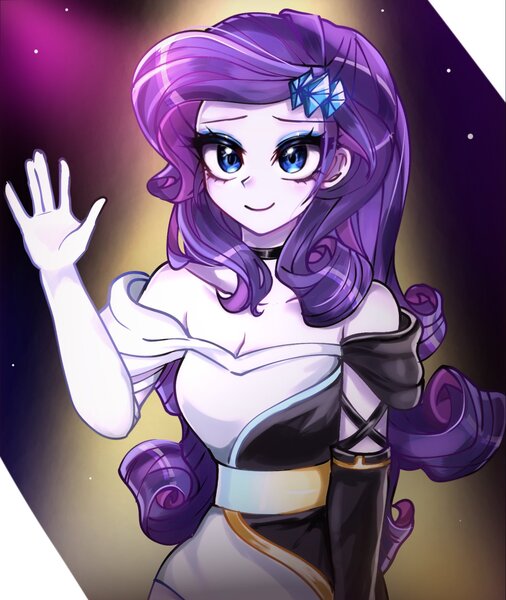 Size: 1580x1872 | Tagged: safe, artist:pulse, derpibooru import, rarity, human, equestria girls, abstract background, bare shoulders, breasts, choker, cleavage, clothes, cute, dress, female, g4, image, jpeg, looking at you, raribetes, smiling, solo, strapless, strapless dress, waving