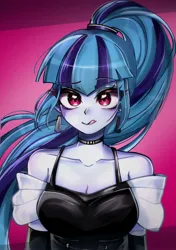 Size: 1320x1880 | Tagged: safe, artist:pulse, derpibooru import, sonata dusk, human, equestria girls, bare shoulders, breasts, busty sonata dusk, choker, cleavage, clothes, cute, dress, ear piercing, earring, female, g4, image, jewelry, jpeg, licking, licking lips, looking at you, piercing, pink background, ponytail, simple background, smiling, solo, sonatabetes, tongue out