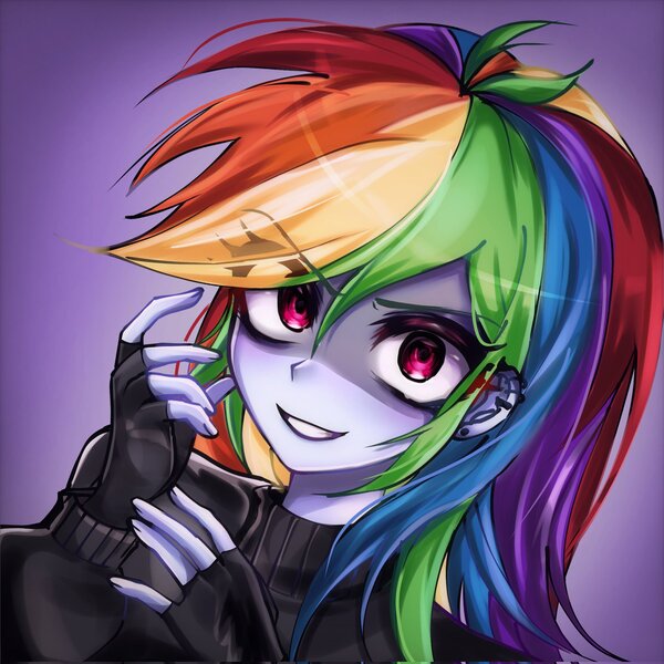 Size: 2048x2048 | Tagged: safe, artist:pulse, derpibooru import, rainbow dash, human, equestria girls, bust, clothes, eyebrows, eyebrows visible through hair, female, fingerless gloves, g4, gloves, grin, image, jpeg, looking at you, piercing, portrait, purple background, simple background, smiling, solo, sweater, turtleneck