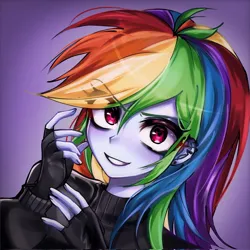 Size: 2048x2048 | Tagged: safe, alternate version, artist:pulse, derpibooru import, rainbow dash, human, equestria girls, bust, clothes, eyebrows, eyebrows visible through hair, female, fingerless gloves, g4, gloves, grin, image, jpeg, looking at you, piercing, portrait, purple background, simple background, smiling, solo, sweater, turtleneck