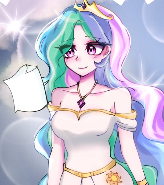 Size: 1713x1931 | Tagged: safe, artist:pulse, derpibooru import, princess celestia, human, bare shoulders, breasts, cleavage, clothes, cute, cutelestia, dress, eyebrows, eyebrows visible through hair, female, humanized, image, jewelry, jpeg, lens flare, necklace, paper, smiling, solo, strapless, strapless dress, tiara