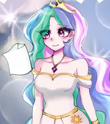 Size: 1713x1931 | Tagged: safe, artist:pulse, derpibooru import, princess celestia, human, bare shoulders, breasts, cleavage, clothes, cute, cutelestia, dress, eyebrows, eyebrows visible through hair, female, humanized, image, jewelry, jpeg, lens flare, necklace, paper, smiling, solo, strapless, strapless dress, tiara