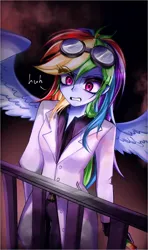 Size: 1280x2159 | Tagged: safe, artist:pulse, derpibooru import, rainbow dash, human, fanfic:rainbow factory, equestria girls, clothes, eyebrows, eyebrows visible through hair, fanfic art, female, g4, goggles, goggles on head, gritted teeth, huh, humanized, image, jpeg, lab coat, railing, solo, spread wings, teeth, winged humanization, wings