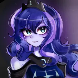 Size: 1280x1280 | Tagged: safe, artist:pulse, derpibooru import, princess luna, human, bare shoulders, bust, cute, eyebrows, eyebrows visible through hair, female, humanized, image, jewelry, jpeg, looking at you, lunabetes, smiling, solo, tiara