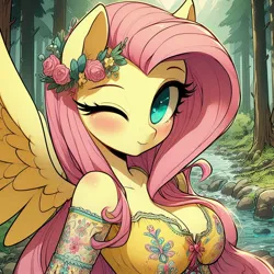 Size: 1024x1024 | Tagged: safe, ai content, derpibooru import, machine learning generated, prompter:glimmy-glam, fluttershy, anthro, pegasus, big breasts, blushing, breasts, busty fluttershy, clothes, dress, flower, flower in hair, forest, generator:dall-e 3, image, jpeg, looking at you, nature, one eye closed, river, solo, stream, tree, water, wink