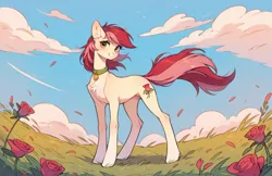 Size: 2352x1520 | Tagged: safe, ai content, derpibooru import, machine learning generated, prompter:doom9454, stable diffusion, roseluck, pony, collar, concave belly, cute, flower, fluffy, generator:pony diffusion v6 xl, image, looking at you, pet tag, png, pony pet, rose, rosepet, slender, standing, tail, thin, wind, windswept mane, windswept tail