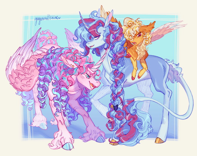 Size: 2500x1986 | Tagged: safe, artist:yuyusunshine, derpibooru import, princess flurry heart, princess skyla, oc, oc:caelus citrine, classical unicorn, pegasus, pony, unicorn, blushing, braid, braided ponytail, cloven hooves, colored hooves, colored pinnae, colored wings, colored wingtips, colt, concave belly, curly mane, curly tail, ear fluff, ear piercing, earring, foal, frown, g4, horn, image, jewelry, leaning, leonine tail, long mane, long tail, looking at someone, male, multicolored wings, narrowed eyes, next generation, offspring, older, older flurry heart, open mouth, open smile, parent:princess cadance, parent:shining armor, parents:shiningcadance, partially open wings, piercing, png, ponytail, raised hoof, ringlets, shiny hooves, shiny mane, shiny tail, siblings, smiling, sparkly mane, sparkly tail, spread wings, standing, tail, tail fluff, thin, tied mane, tied tail, trio, two toned mane, two toned tail, two toned wings, unshorn fetlocks, wall of tags, wing fluff, wingding eyes, wings