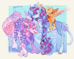 Size: 2500x1986 | Tagged: safe, artist:yuyusunshine, derpibooru import, princess flurry heart, princess skyla, oc, oc:caelus citrine, classical unicorn, pegasus, pony, unicorn, blushing, braid, braided ponytail, cloven hooves, colored hooves, colored pinnae, colored wings, colored wingtips, colt, concave belly, curly mane, curly tail, ear fluff, ear piercing, earring, foal, frown, g4, horn, image, jewelry, leaning, leonine tail, long mane, long tail, looking at someone, male, multicolored wings, narrowed eyes, next generation, offspring, older, older flurry heart, open mouth, open smile, parent:princess cadance, parent:shining armor, parents:shiningcadance, partially open wings, piercing, png, ponytail, raised hoof, ringlets, shiny hooves, shiny mane, shiny tail, siblings, smiling, sparkly mane, sparkly tail, spread wings, standing, tail, tail fluff, thin, tied mane, tied tail, trio, two toned mane, two toned tail, two toned wings, unshorn fetlocks, wall of tags, wing fluff, wingding eyes, wings