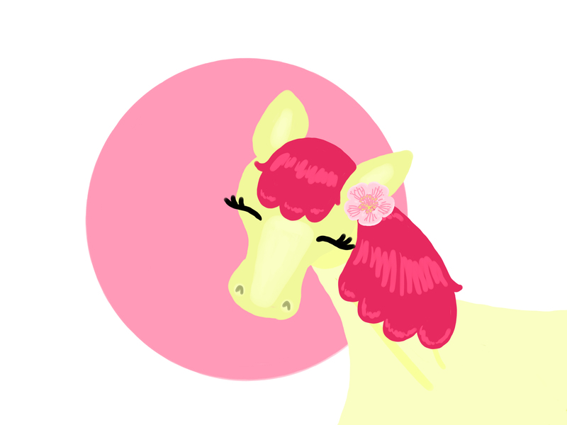 Size: 2732x2048 | Tagged: safe, artist:creativa-artly01, derpibooru import, apple bloom, earth pony, pony, blaze (coat marking), coat markings, colored pinnae, eyes closed, facial markings, female, filly, flower, flower in hair, foal, g4, high res, hoers, image, jpeg, no mouth, passepartout, shiny mane, simple background, solo, white background