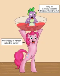 Size: 986x1238 | Tagged: safe, artist:termyotter, derpibooru import, pinkie pie, spike, dragon, earth pony, pony, atg 2023, bipedal, carrying, dialogue, drink, duo, duo male and female, excited, female, g4, image, imminent spikeabuse, jpeg, male, mare, misspelling, newbie artist training grounds, open mouth, open smile, partially submerged, pun, punch (drink), punch bowl, smiling, speech bubble, spiked punch, this will end in tears, worried