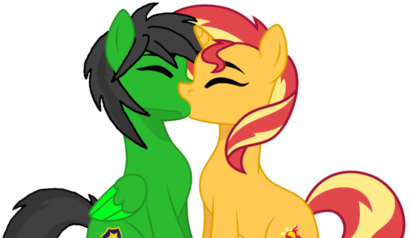 Size: 1893x1101 | Tagged: safe, artist:star-armour95, derpibooru import, sunset shimmer, oc, oc:star armour, pegasus, unicorn, eyes closed, female, g4, horn, image, kissing, male, png, shipping, simple background, straight, transparent background