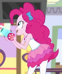 Size: 736x880 | Tagged: safe, derpibooru import, screencap, pinkie pie, human, equestria girls, blurry background, clothes, depth of field, female, g4, holding, image, jewelry, jpeg, looking up, mini party cannon, necklace, open mouth, party cannon, skirt, slender, solo, tanktop, thin