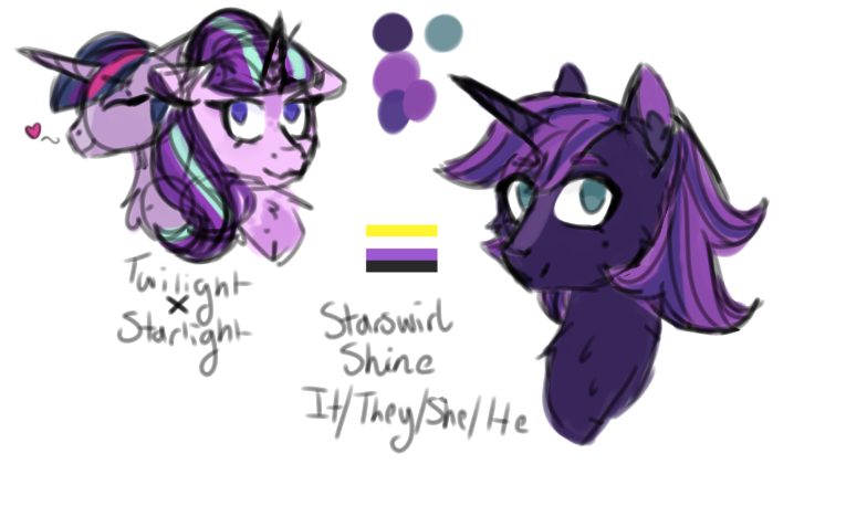 Size: 765x458 | Tagged: safe, artist:fluffytailponies, derpibooru import, starlight glimmer, twilight sparkle, oc, alicorn, pony, unicorn, female, horn, image, lesbian, magical lesbian spawn, mare, markings, nonbinary, nonbinary pride flag, offspring, parent:starlight glimmer, parent:twilight sparkle, parents:twistarlight, png, pride, pride flag, pronouns, s5 starlight, ship:twistarlight, shipping