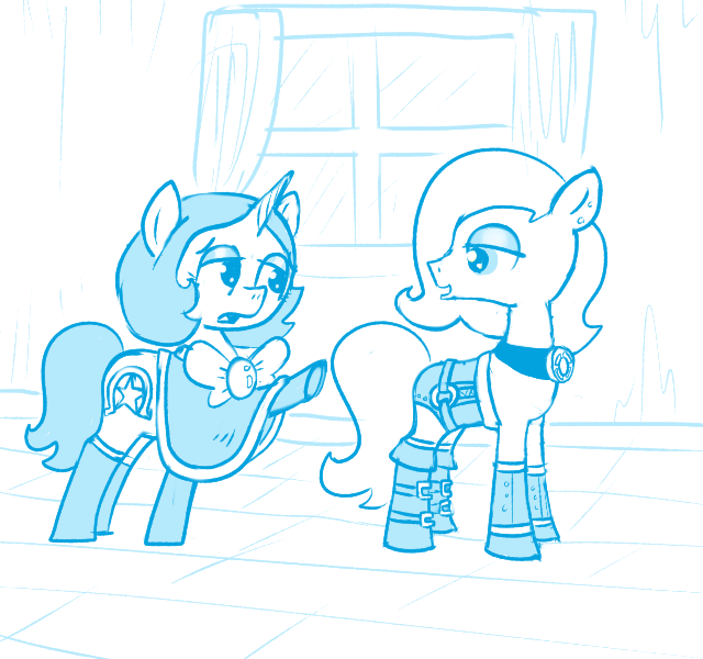 Size: 640x600 | Tagged: safe, artist:ficficponyfic, derpibooru import, oc, oc:joyride, oc:sunshine sea, unofficial characters only, earth pony, pony, unicorn, colt quest, bluescale, boots, bowtie, clothes, complex background, corset, cyoa, duo, earth pony oc, eyeshadow, female, horn, image, indoors, jewelry, leather, leather boots, leggings, looking back, makeup, mantle, mare, monochrome, necklace, pleading, png, raised hoof, shoes, story included, unicorn oc, window