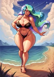 Size: 1440x2048 | Tagged: suggestive, ai content, derpibooru import, machine learning generated, stable diffusion, princess celestia, human, abs, beach, big breasts, bikini, bra, breasts, busty princess celestia, clothes, collarbone, curvy, derpibooru exclusive, feet, female, g4, generator:pony diffusion v6 xl, hourglass figure, humanized, image, muscles, panties, png, prompter:inky heart, smiling, solo, solo female, swimsuit, thighs, thunder thighs, underwear, wide hips