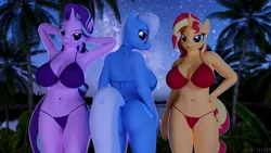 Size: 5760x3240 | Tagged: suggestive, artist:hunterz263, derpibooru import, starlight glimmer, sunset shimmer, trixie, anthro, plantigrade anthro, 3d, 5k, bikini, bikini bottom, bikini top, blender, breasts, busty starlight glimmer, busty sunset shimmer, busty trixie, butt, cleavage, clothes, female, females only, hand on hip, image, lake, looking at you, nexgen, night, not sfm, outdoors, palm tree, png, swimsuit, the great and powerful ass, tree, wallpaper, wallpaper for the fearless, water, wide hips