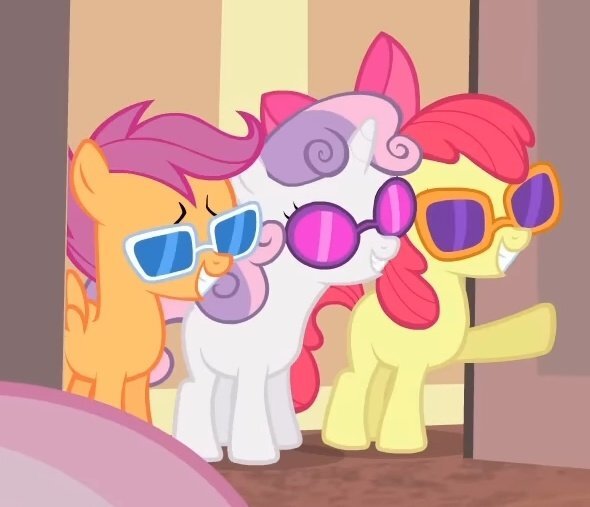 Size: 590x507 | Tagged: safe, derpibooru import, screencap, apple bloom, cheerilee, scootaloo, sweetie belle, earth pony, pegasus, pony, unicorn, for whom the sweetie belle toils, cropped, cutie mark crusaders, female, filly, foal, g4, glasses, horn, image, jpeg, offscreen character, sunglasses, trio focus