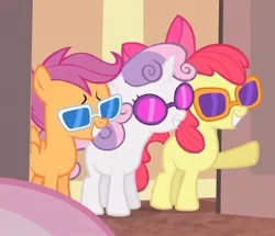 Size: 590x507 | Tagged: safe, derpibooru import, screencap, apple bloom, cheerilee, scootaloo, sweetie belle, earth pony, pegasus, pony, unicorn, for whom the sweetie belle toils, cropped, cutie mark crusaders, female, filly, foal, g4, glasses, horn, image, jpeg, offscreen character, sunglasses, trio focus