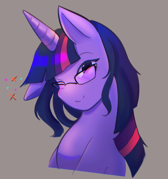Size: 1096x1172 | Tagged: safe, artist:asikku, derpibooru import, twilight sparkle, pony, unicorn, bust, female, g4, glasses, gray background, horn, image, looking at you, mare, one eye closed, png, portrait, simple background, solo, wink, winking at you