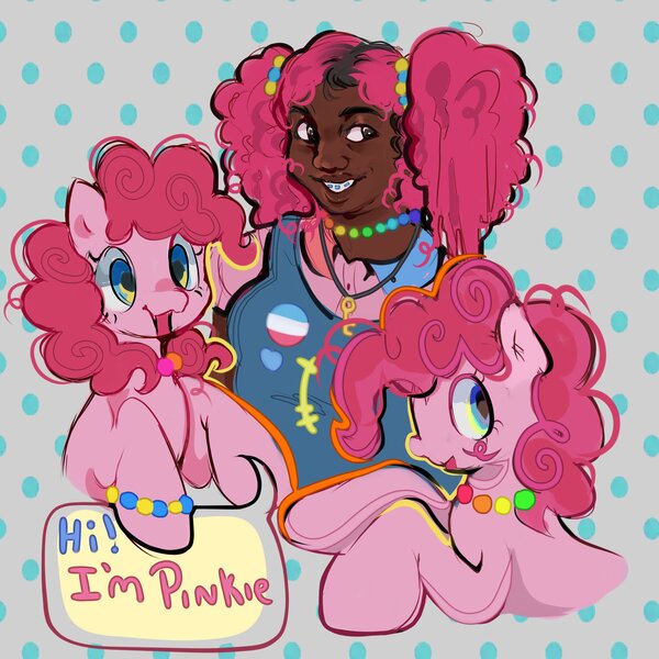 Size: 4096x4096 | Tagged: safe, artist:colorwurm, derpibooru import, pinkie pie, earth pony, human, pony, :3, absurd resolution, bracelet, braces, brown eyes, chubby, clothes, curly hair, curly mane, dark skin, dyed hair, emanata, female, g4, human ponidox, humanized, image, jewelry, jpeg, kandi, mare, necklace, open mouth, open smile, overalls, patterned background, pigtails, pink coat, pink hair, pins, raised hoof, raised hooves, self paradox, self ponidox, smiling, speech bubble, text, tied hair, two toned eyes, wingding eyes