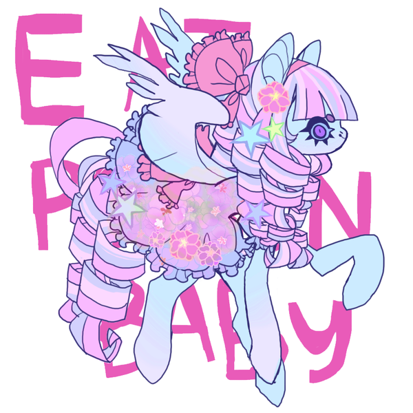 Size: 850x850 | Tagged: safe, artist:cutesykill, derpibooru import, oc, unnamed oc, unofficial characters only, pegasus, pony, beanbrows, big ears, blue sclera, bow, clothes, colored eyebrows, curly mane, curly tail, dress, eye clipping through hair, eyebrows, female, flower, flower on ear, flying, frilly dress, hair bow, image, mare, multicolored mane, multicolored tail, pegasus oc, pink bow, pink text, png, profile, purple eyes, raised hoof, ringlets, simple background, slit pupils, smiling, solo, spread wings, tail, text, thick eyelashes, white background, white coat, wings