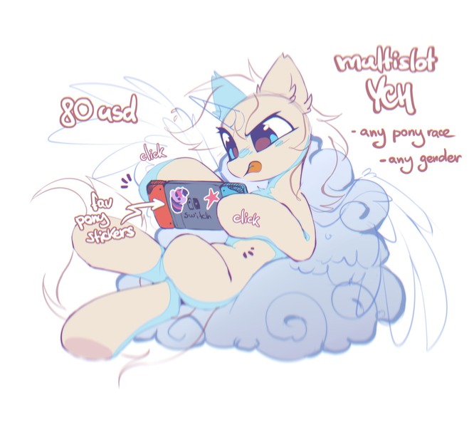 Size: 2048x1845 | Tagged: safe, artist:mirtash, derpibooru import, pony, :p, cloud, commission, crossed hooves, ear fluff, emanata, focused, for sale, gaming, hoof hold, image, jpeg, narrowed eyes, nintendo switch, on a cloud, onomatopoeia, simple background, sitting, sitting on cloud, text, tongue out, white background, your character here