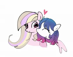 Size: 2048x1609 | Tagged: oc name needed, safe, artist:petaltwinkle, derpibooru import, oc, oc:petal twinkle, unofficial characters only, pegasus, pony, blonde mane, braid, couple, duo, duo female, female, floating heart, gradient mane, heart, hug, image, jpeg, kiss on the cheek, kissing, lesbian, long mane, looking at someone, mare, multicolored mane, oc x oc, pegasus oc, pink coat, pink eyes, shipping, simple background, smiling, spread wings, white background, white coat, wingding eyes, winghug, wings