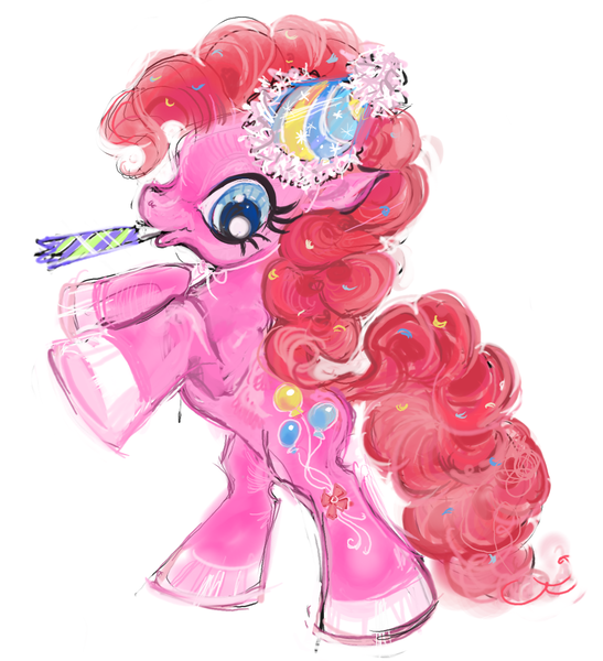 Size: 1384x1518 | Tagged: safe, artist:eyerealm, derpibooru import, pinkie pie, earth pony, pony, big eyes, blue eyes, colored hooves, confetti in mane, confetti in tail, curly mane, curly tail, female, g4, hair accessory, hat, image, long mane, long tail, looking down, mare, party hat, party horn, pink coat, pink mane, pink tail, png, profile, rearing, shiny hooves, simple background, smiling, tail, tail accessory, white background, wingding eyes