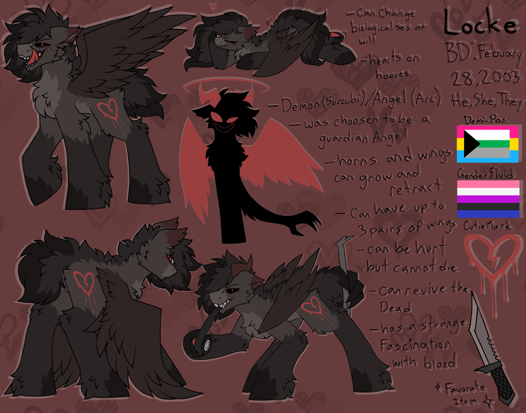 Size: 2800x2200 | Tagged: safe, artist:pegacousinceles, derpibooru import, oc, oc:locke cole, unofficial characters only, demon, pegasus, angel, edgy, genderfluid, genderfluid pride flag, high res, image, knife, pegasus oc, png, pride, pride flag, pronouns, reference sheet, wings