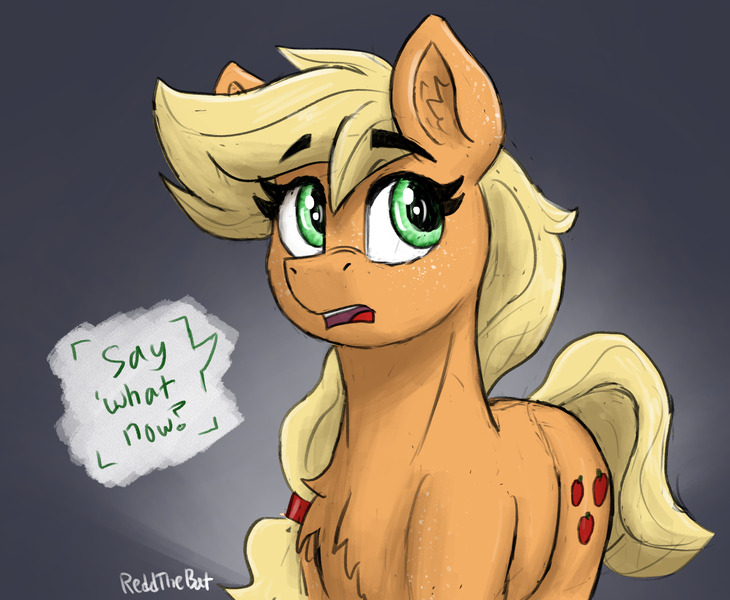 Size: 2538x2085 | Tagged: safe, artist:reddthebat, derpibooru import, applejack, earth pony, pony, bust, chest fluff, dialogue, ear fluff, eyebrows, eyebrows visible through hair, female, g4, hatless, high res, image, jpeg, looking up, mare, missing accessory, open mouth, signature, solo, speech bubble