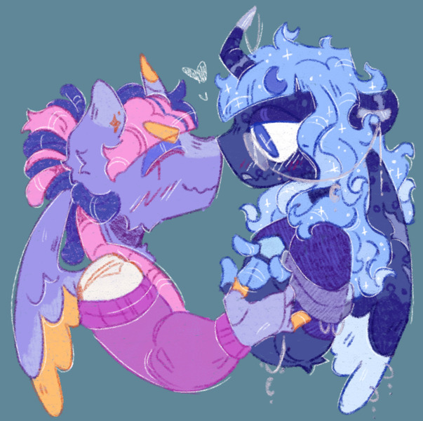 Size: 1397x1390 | Tagged: safe, artist:tottallytoby, derpibooru import, princess luna, twilight sparkle, twilight sparkle (alicorn), alicorn, anthro, pony, alternate design, alternate hair color, alternate hairstyle, arm fluff, big eyes, blaze (coat marking), blue coat, blue eyes, blue mane, blush scribble, blushing, clothes, coat markings, colored eartips, colored eyebrows, colored horn, colored pinnae, colored wings, colored wingtips, crooked horn, curly mane, dreadlocks, duo, duo female, ear fluff, ethereal mane, eye clipping through hair, eyebrows, eyebrows visible through hair, eyes closed, eyeshadow, facial markings, female, floating heart, floppy ears, g4, green background, hair bun, heart, height difference, holding hands, hoof hands, horn, image, jpeg, lesbian, lidded eyes, looking at each other, looking at someone, makeup, mare, multicolored wings, profile, purple coat, ship:twiluna, shipping, simple background, smiling, smiling at each other, sparkly mane, spread wings, starry mane, sweater, teal background, tied mane, two toned mane, wing scar, wings