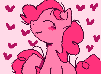 Size: 355x261 | Tagged: safe, artist:gh0stmist, derpibooru import, pinkie pie, earth pony, pony, :3, animated, blushing, curly mane, curly tail, female, floating heart, frame by frame, g4, gif, heart, image, limited palette, long mane, mare, pink background, pink coat, pink mane, pink tail, profile, raised hoof, simple background, smiling, solo, squigglevision, tail, wigglypaint