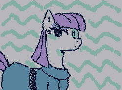 Size: 355x261 | Tagged: safe, artist:gh0stmist, derpibooru import, maud pie, earth pony, pony, animated, clothes, dress, eyeshadow, female, frame by frame, g4, gif, gray coat, image, lidded eyes, limited palette, looking at you, makeup, mare, patterned background, purple mane, purple tail, solo, squigglevision, straight mane, tail, wigglypaint